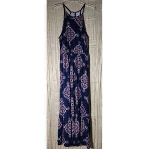 French Gray Navy Medallion Paisley Maxi Dress Empire Waist High Neck Boho - Med